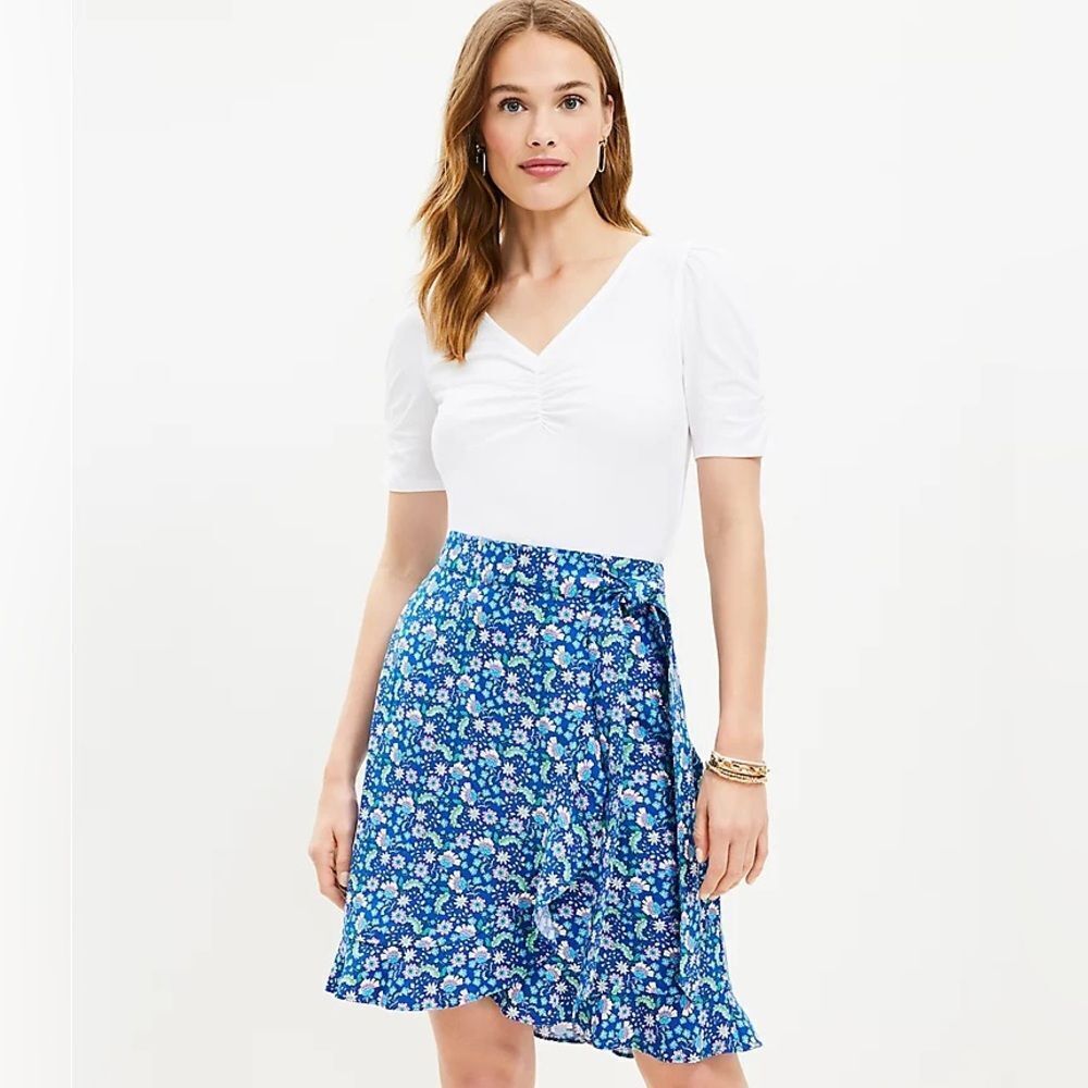 Loft Ann Taylor Floral Ruffle Linen Blend Wrap Skirt Blue Calico Back Zip Sz 14 - Picture 1 of 9